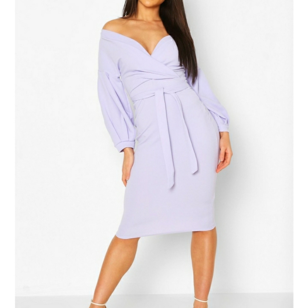 NWT Boohoo off shoulder wrap midi bodycon dress
